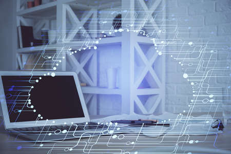 Double exposure of computer and technology theme hud. Concept of innovation.