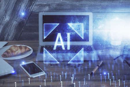 Double exposure of computer and technology theme drawing. Concept of innovation.