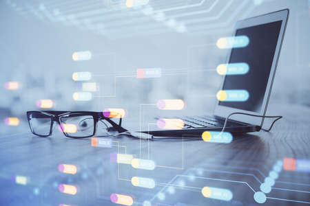 Double exposure of computer and technology theme drawing. Concept of innovation.