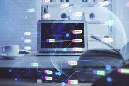 Technology theme drawing and table with computer. Multi exposure. Concept of information.の写真素材