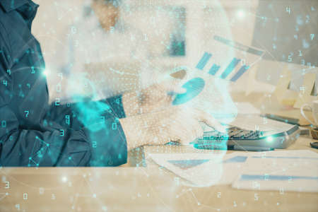 Man with computer background with brain theme hologram. Concept of brainstorm. Double exposure.の写真素材