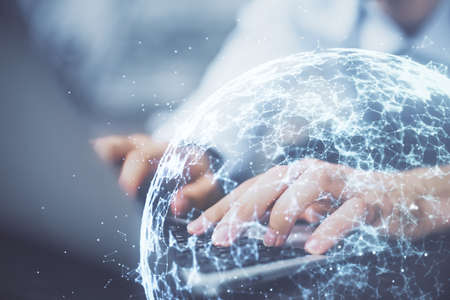 Media network theme hologram with man working on computer on background. Concept of internet communication. Double exposure.の写真素材