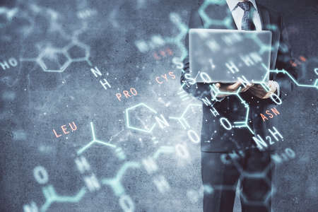 Science formula hologram with man working on computer on background. Education concept. Double exposure.の写真素材