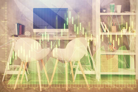 Multi exposure of stock market chart drawing and office interior background. Concept of financial...