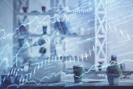 Double exposure of stock market graph drawing and office interior background. Concept of financial...