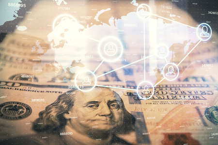 Multi exposure of social network drawing over us dollars bill background. Concept of people connection.の写真素材
