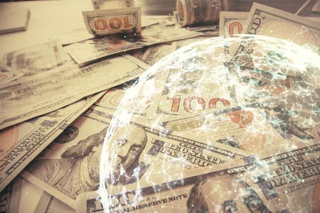 Multi exposure of social network drawing over us dollars bill background. Concept of people...