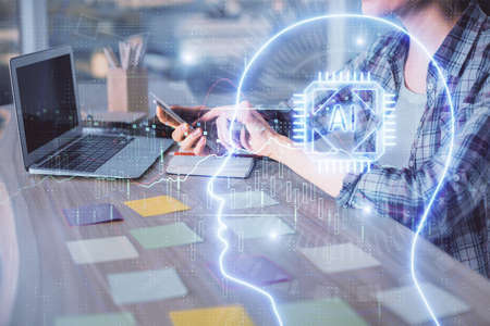 Multi exposure of woman hands working on computer and human brain hologram drawing. Ai tech concept.