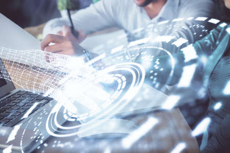 Double exposure of data theme sketch drawing over people writing background. Concept of technologyの写真素材