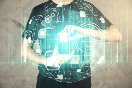 Double exposure of mans hands holding and using a phone and social network theme drawing.