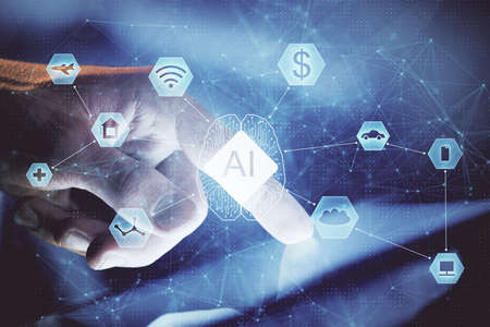 Multi exposure of mans hand holding and using a digital device and data theme drawing. Innovation...