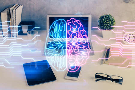 Double exposure of desktop with computer and brain drawing hologram. Artificial intelligence concept.の写真素材
