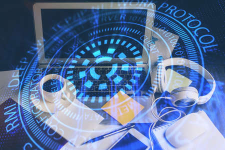 Double exposure of desktop with computer on background and tech theme drawing. Concept of big data.