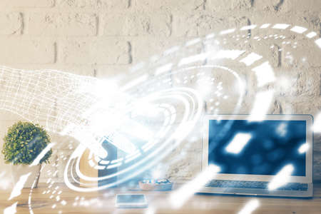 Double exposure of desktop with personal computer on background and tech theme drawing. Concept of...