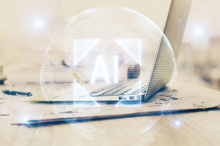 Double exposure of desktop with personal computer on background and tech theme drawing. Concept of...