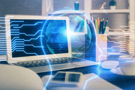 Double exposure of desktop computer and human brain drawing hologram. Ai concept.