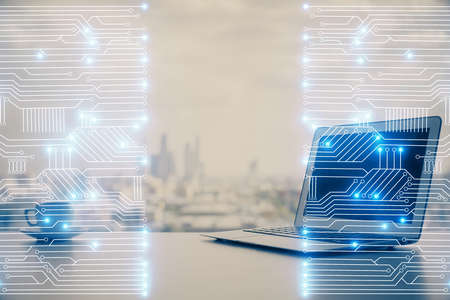 Computer on desktop in office with technology theme hologram. Multi exposure. Tech concept.