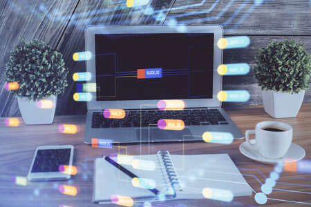 Double exposure of computer and technology theme drawing. Concept of innovation.の写真素材