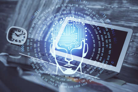 Multi exposure of work space with computer and human brain hologram. Brainstorm concept.