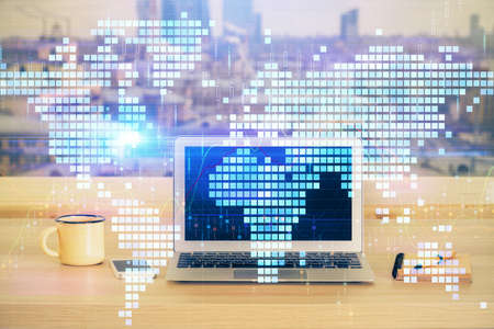 Multi exposure of business theme icons and table with computer background. Concept of success.
