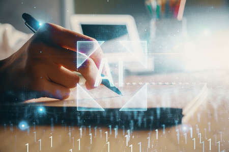 Multi exposure of woman's hands on background with technology and digital coding icons. Data...