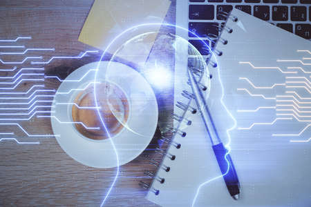 Multi exposure of brain sketch hologram over topview work table background with computer. Concept of big data.の写真素材