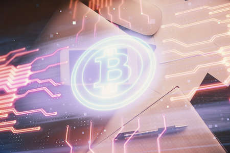 Double exposure of blockchain theme hologram over table with phone. Top view. Crypto technology concept.の写真素材