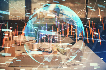 Double exposure of stock market graph drawing and office interior background. Concept of financial analysis.の写真素材