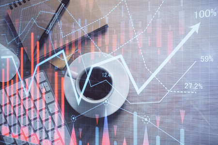 Multi exposure of forex chart drawing and work table top veiw. Concept of financial analysis.