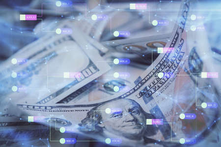 Double exposure of data theme drawing over us dollars bill background. Technology concept.の写真素材