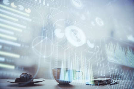 Double exposure of Ai data theme drawing over coffee cup background in office.