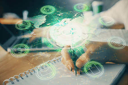 Double exposure of social network theme drawing over people taking notes background. Concept of...