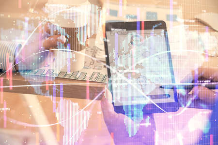 Double exposure of mans hands holding and using a phone and international business theme drawing.