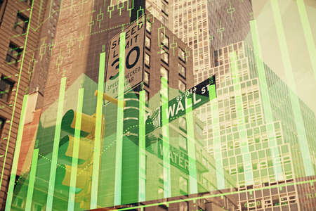 Forex chart on cityscape with tall buildings background multi exposure. Financial research concept.