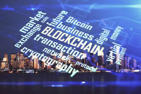 Multi exposure of cryptocurrency theme hologram drawing and city veiw background. Concept of...