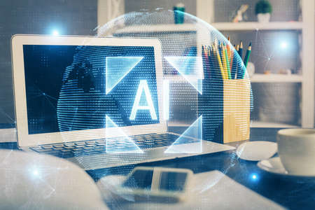 Double exposure of desktop with computer on background and tech theme drawing. Concept of big data.