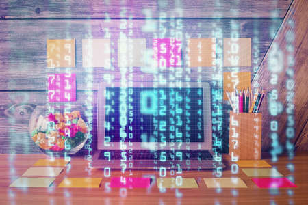 Multi exposure of desktop with computer on background and tech theme drawing. Concept of big data.