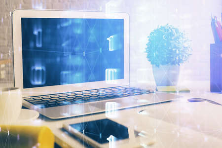 Multi exposure of desktop with personal computer and tech theme drawing. Concept of Bigdata.