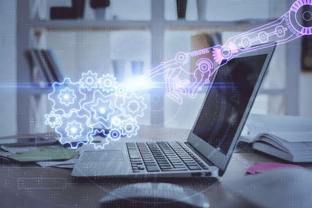 Double exposure of computer and technology theme drawing. Concept of innovation.