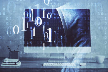 Double exposure of computer and technology theme hud. Concept of innovation.