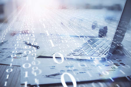 Double exposure of computer and technology theme hud. Concept of innovation.