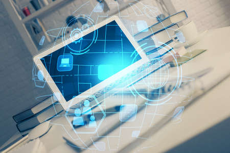 Computer on desktop with social network theme icon. Multi exposure. Concept of international...