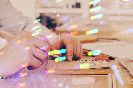 Human's hands with technology theme double exposure icons. Concept of big data.