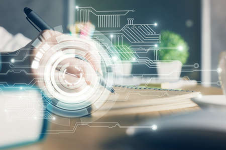 Double exposure of woman's hands on background with technology and digital coding icons. Data...