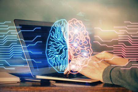 Man typing on keyboard background with brain hologram. Concept of big Data. Double exposure.