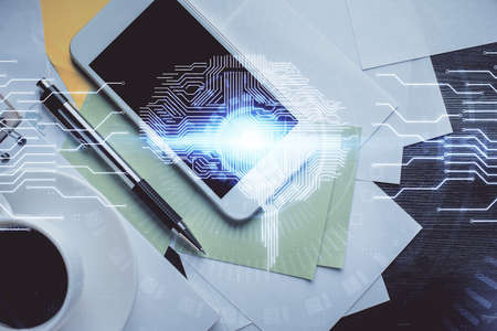 Double exposure of brain drawing over work table desktop. Top view. Global data analysis concept.