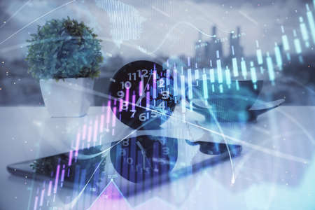 Double exposure of forex graph drawing and cell phone background. Concept of financial data analysis