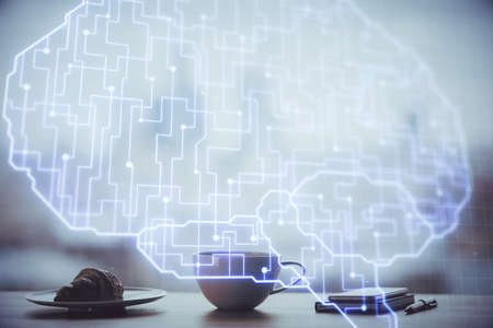 Double exposure of Ai data brain drawing over coffee cup background.