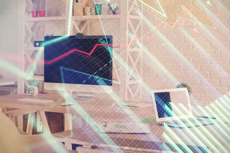 Double exposure of financial graph drawing and office interior background. Concept of stock market.の写真素材
