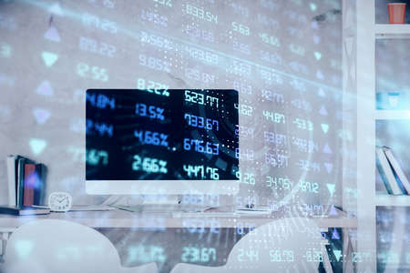 Multi exposure of stock market chart drawing and office interior background. Concept of financial...